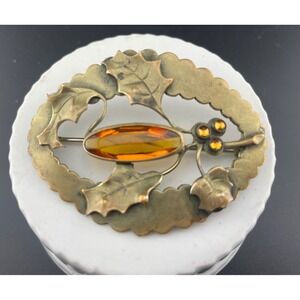 Antique JHP Danish Holly Brooch Brass Sash Pin Citrine Glass Art Nouveau
